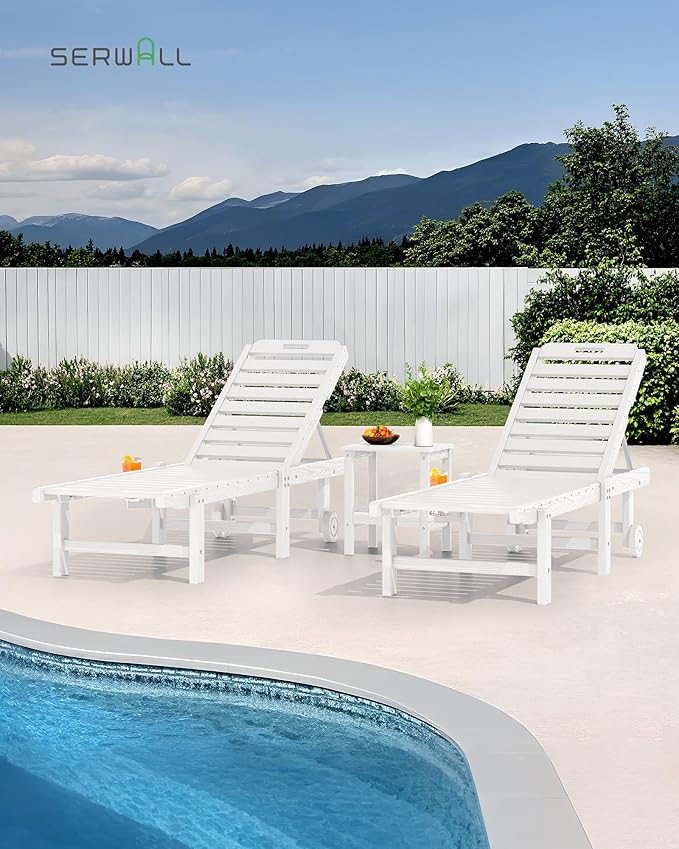 SERWALL Outdoor Chaise Lounge Set of 6, HDPE Pool Lounge Chair with 5-Position Adjustable Backrest, Patio Lounger with Rolling Wheels & Cup Holder for Pool, White