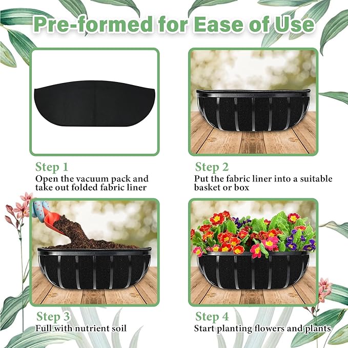 Riare 4 Pack 24 Inch Black Felt Window Box Liners- Fabric Trough Planter Basket Liners Replacement, Non-Woven Hanging Plant Liner for Wall Hanging Basket, Garden Fence Railing (Avoid Bird Nesting)