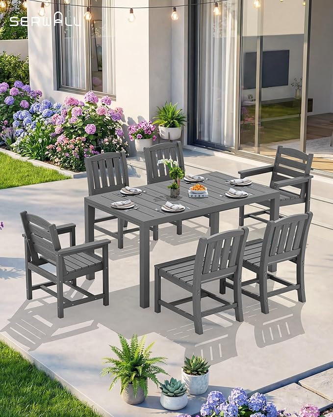 SERWALL 7-Piece Outdoor Dining Set, 60" - 83" Expandable Outdoor Dining Table and 6 HDPE Chairs, All Weather HDPE Outdoor Furniture Set for Backyard, Garden, Grey