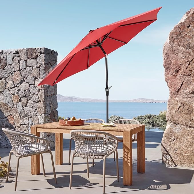 OLIXIS 9ft Patio Umbrella with Tilt and Crank Button & 8 Sturdy Ribs Waterproof, Patio Table Umbrella Perfect for Poolside, Terrace, Beach and Outdoor Restaurant, Red