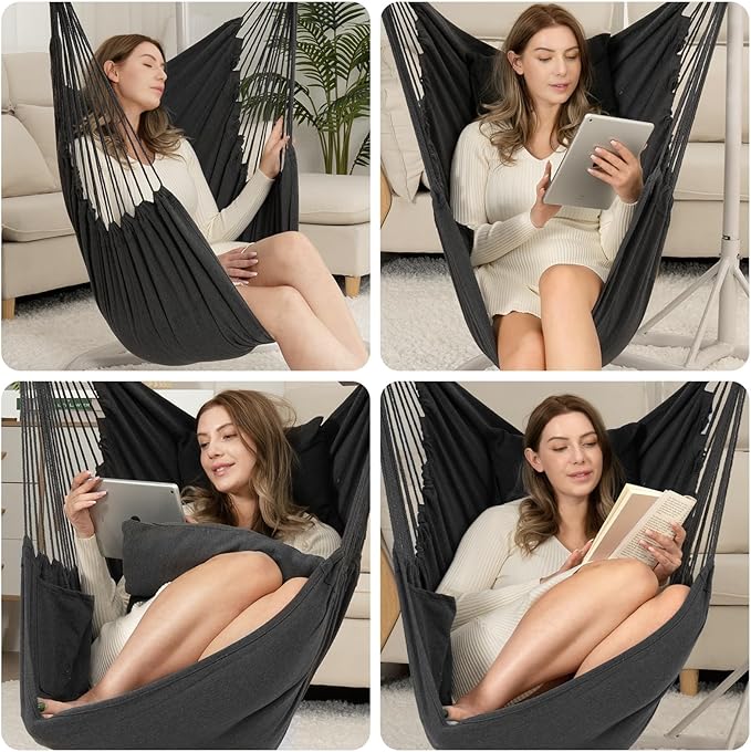 Y- STOP Hammock Chair Hanging Rope Swing Chair, Max 500 Lbs, 2 Seat Cushions Included, Removable Steel Spreader Bar with Anti-Slip Rings, Hardware kit-for Indoor Outdoor(Dark Grey) pcs