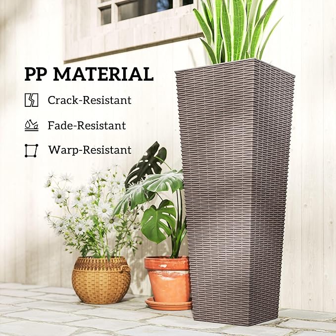 Outsunny 32 Inch Tall Planters for Outdoor Plants, Set of 2 Plastic Rattan-Like Flower Pots with Drainage Holes, Stackable Tapered Planters for Indoor Plants, Front Porch, Brown