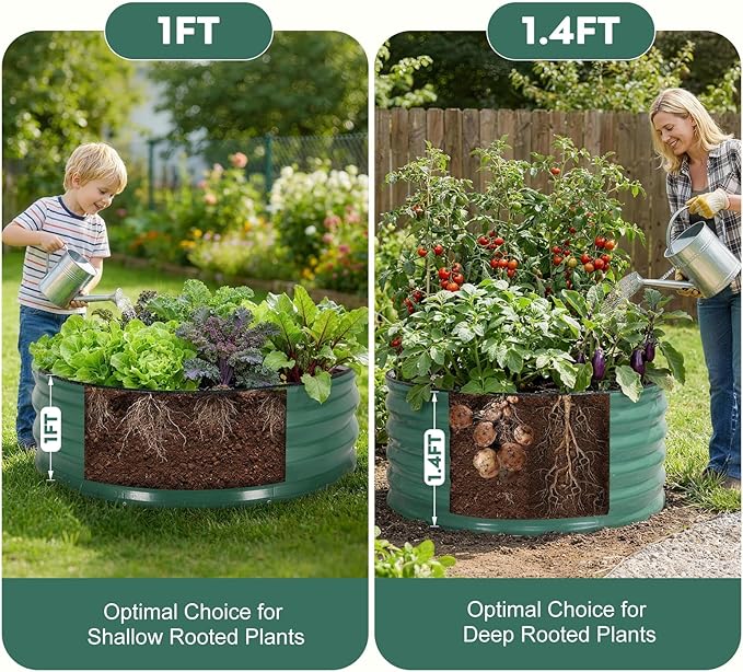 ZORMY Galvanized Raised Garden Bed Outdoor, Round Metal Planter Boxes 2 Pcs, 3x3x1.4ft Steel Raised Bed Kit for Planting Vegetables, Fruits, Flowers(LotusGreen)