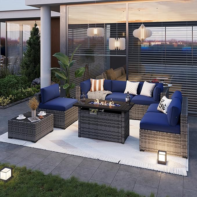 Aoxun Patio Furniture Sets, 8-Piece Outdoor Patio Furniture with 44'' Propane Gas Firepit Table, Wicker Outdoor Conversation Set Sectional Sofa for Backyard, Poolside, Garden