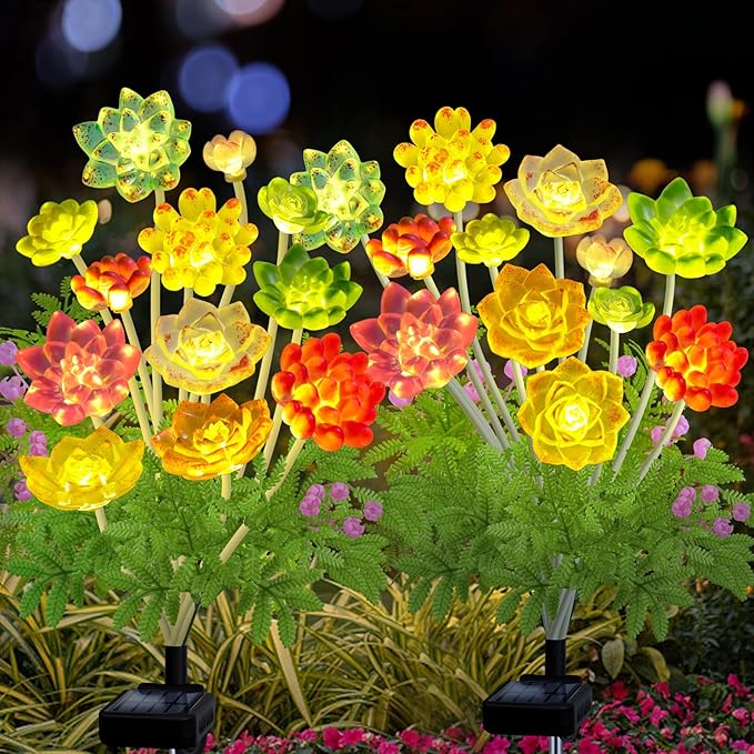 Solar Garden Lights Outdoor, 2 Pack Upgraded Succulent Solar Flowers Outside Waterproof, Gardening Gifts for Women Mother, Decorative Solar Powered Lights Yard Decor for Lawn Backyard Patio Pathway
