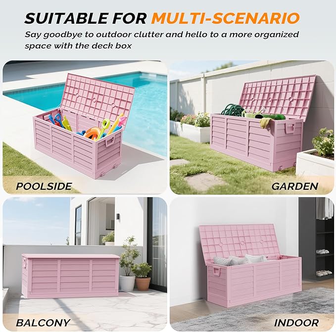 VINGLI 75 Gallon Collapsible Outdoor Storage Box, Simple-to-assemble Plastic Storage Containers with Lid, Patio Deck Box Furniture for Garden, Pool, Balcony, Yard (Pink)