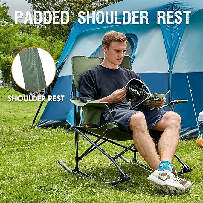 Portal Outdoor Rocking Chair Camping Folding Portable Rocker with Cup Holder Side Pocket Carry Bag, Support 350LBS (Green), 2 Pack