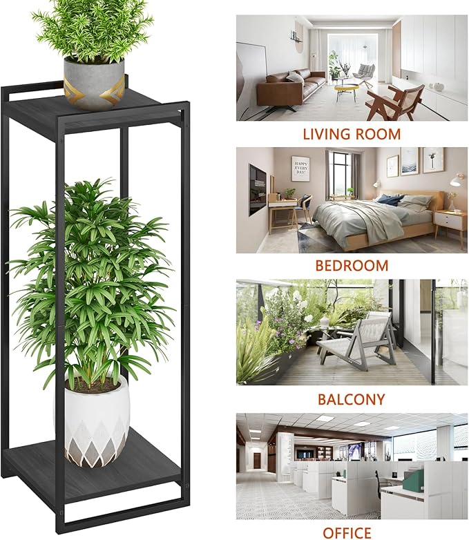 2-Tier Plant Stand Indoor, 34" Tall Modern Plant Shelf Corner Flower Pot Holder Organizer for Living Room Balcony Garden, Black