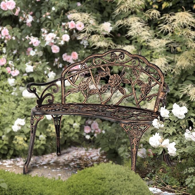 VINGLI 38.5" Patio Park Garden Outdoor Metal Rose Bench, 2-Person Cast Iron Cast Aluminium Frame Antique Finish Chair,Accented Lawn Front Porch Path Yard Decor Deck Furniture (Bronze, Rose)