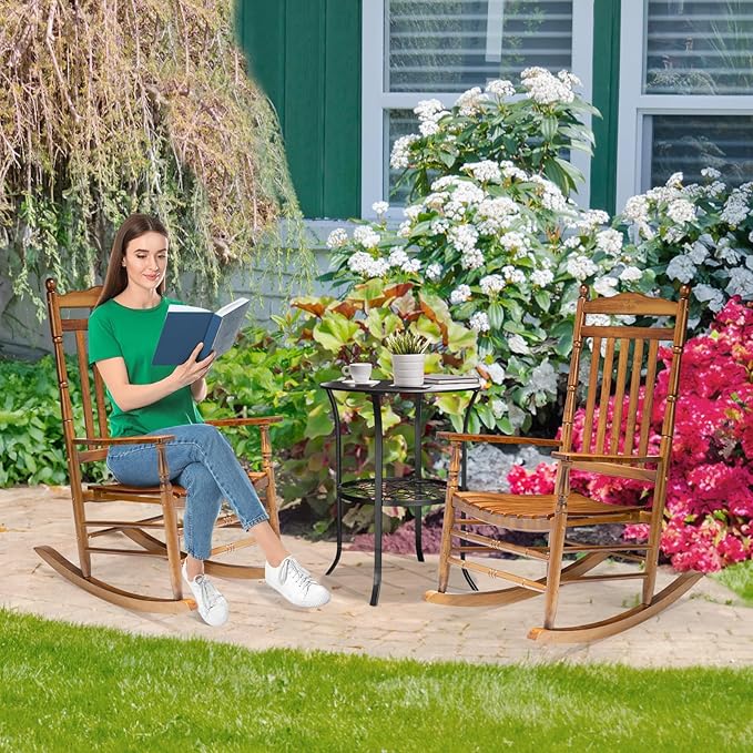 VINGLI Wooden Rocking Chair, Outdoor Chair with 450 lbs Support, Relaxing Rocker with Solid Wood High Back Seat Reclining Seat for Deck, Garden, Backyard, Porch, Indoor or Outdoor Use (Teak, 2PCS)