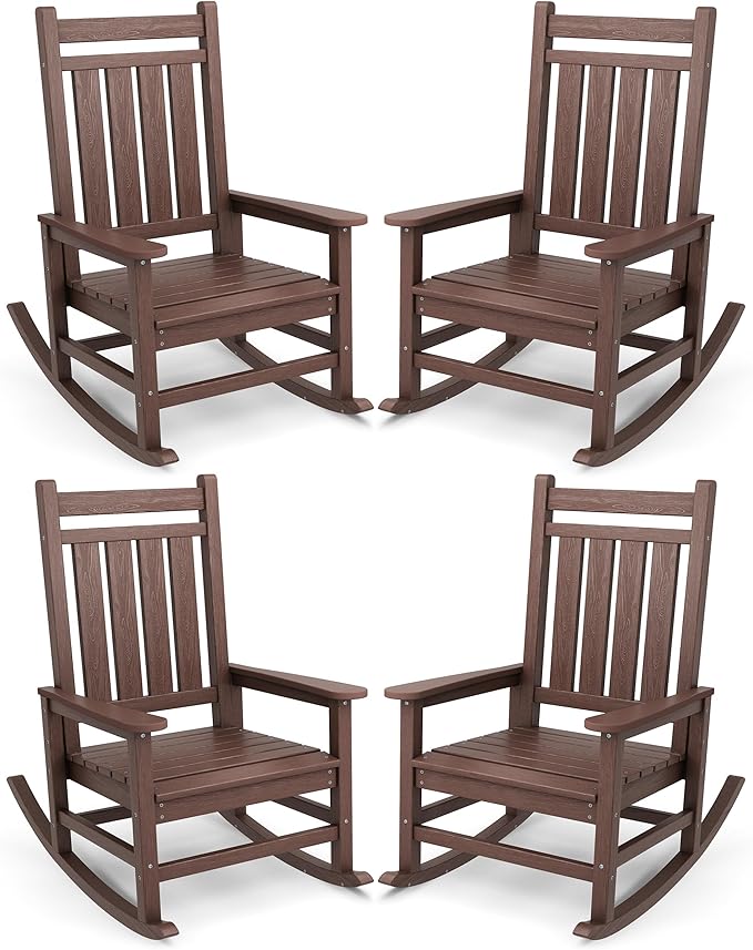 SERWALL Oversized Outdoor Rocking Chair Set of 4, HDPE Rocker for Adults, Patio Rocking Chairs for Porch, Brown