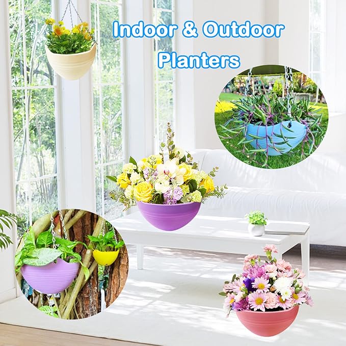 7 Pack 8 Inch Plastic Self-Watering Hanging Planters,Colorful Garden Flower Plant Pot Container Baskets with Drainer Chain for Indoor Outdoor Use,7 Colors
