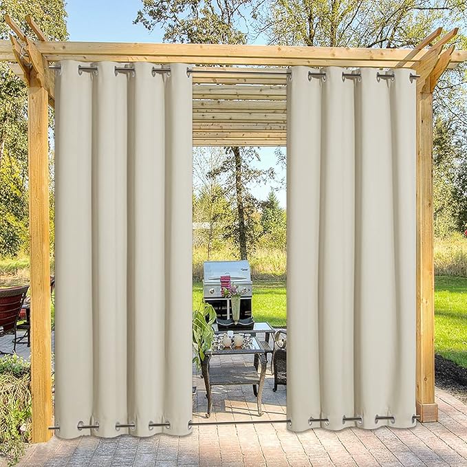 NICETOWN Outdoor Patio Curtain Windproof Double Grommets, Thermal Insulated Room Darkening Top & Bottom Grommets Drape, Waterproof and Better Privacy for Cabana, Beige, W52 x L84, 1 Piece