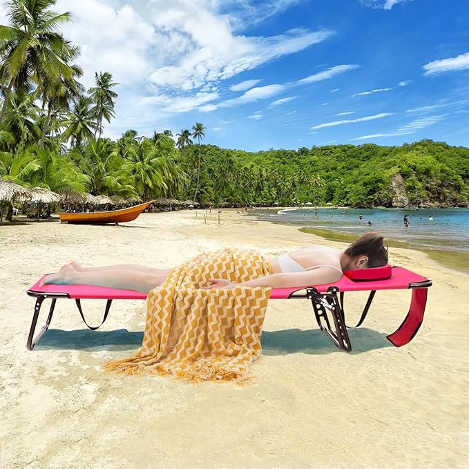 GYMAX Tanning Chair, 350lbs Beach Lounge Chair with Face Hole, Washable Pillow & Carry Strap, Adjustable Folding Chaise Lounge, Layout Chair for Outside, Patio, Poolside, Lawn (1, Pink)
