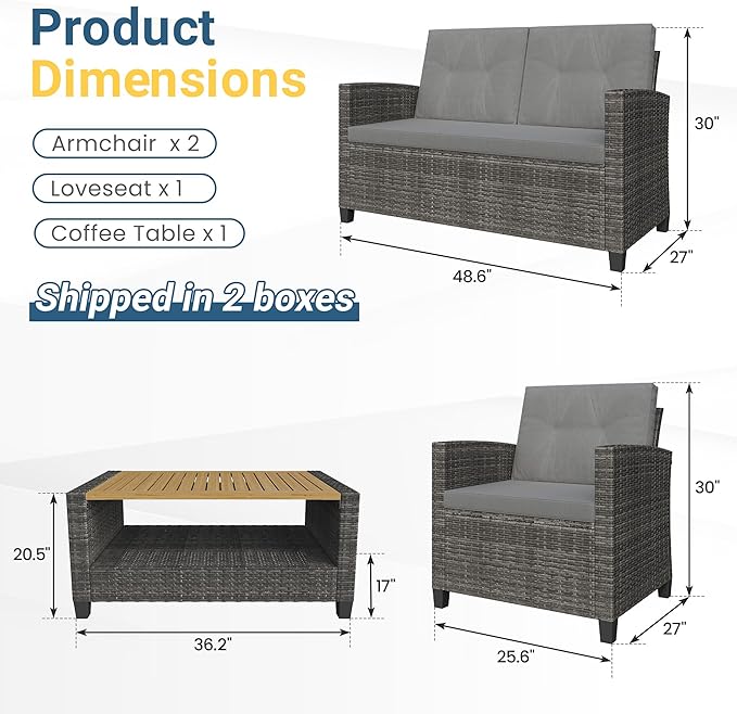 Wisteria Lane 4 Piece Patio Furniture Set, Wicker Outdoor Patio Conversation Furniture Set, All Weather Outdoor Patio Sofa with Cushion and Wood Table, Grey Wood