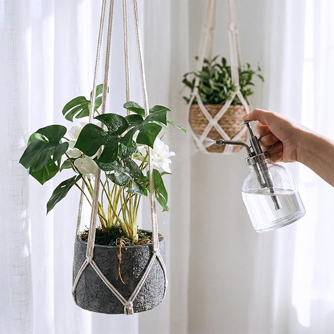 2 Pcs Hanging Planter Macrame Plant Hanger with Metal Ring Plant Holder Hanging for Indoor Plants Boho Home Decor Decorative Braided Cotton Rope Flower Pot Holder