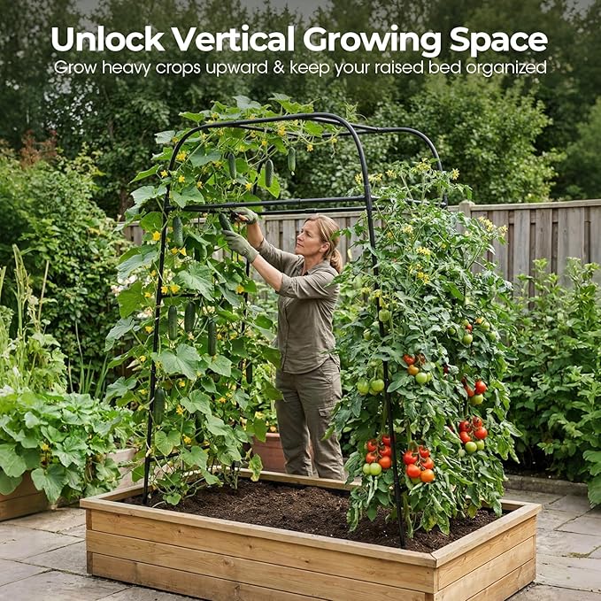 Garden Arch Trellis for Climbing Plants, 83" High Metal Cucumber Trellis & Tomato Cage, Rustproof Steel Tunnel Support for Squash, Pumpkin, Vegetables with Screw Fixation (32.3" L x 39.4" W)