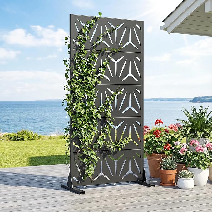 Casaphoria Metal Privacy Screen Outdoor, 60" H x 30" W Freestanding Decorative Privacy Screen for Patio Deck Balcony Garden with Stable Base, Black-Star