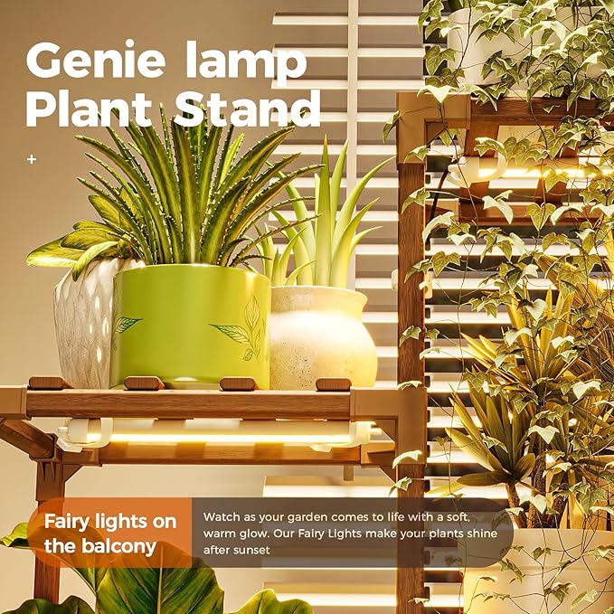 Bamworld Plant Stands with Grow Light Indoor 4 Sets Plant Shelves Outdoor Wooden Plant Holder for Multiple Plants Flower Stands Window Warm Light