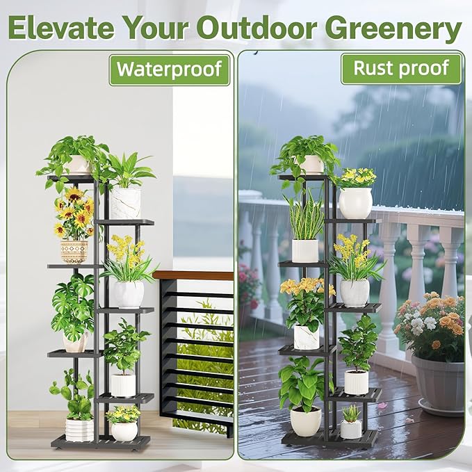 iDavosic.ly Plant Stand Indoor Outdoor, 6-Tier Tall Metal Flower Shelf for Heavy-Duty Large Planters, Corner Orchid Display Rack for Living Room Balcony Patio Porch, Space Saving, Modern Black