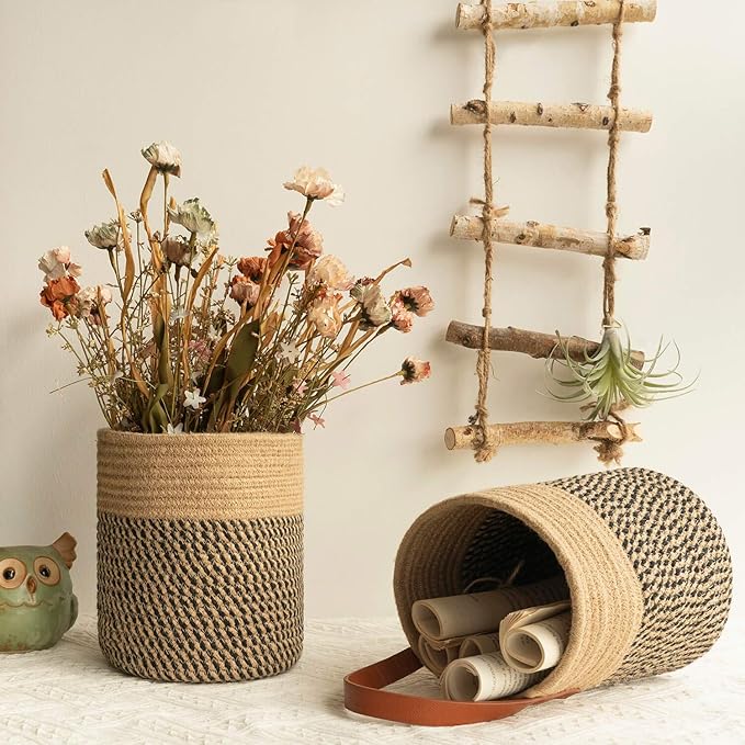 Goodpick 2pack Jute Rope Hanging Basket - 7.87" x 7" Small Woven Fern Wall Hanging Basket Flower Plants, Woven Storage, Black and Jute