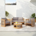 Merax 4-Piece Patio Premium Acacia Wood Outdoor Furniture Set,All Weather Curved Tub Design with Woven Rope Accents Loveseat Chairs and Table for Backyard, Balcony and Deck,Teak+Grey