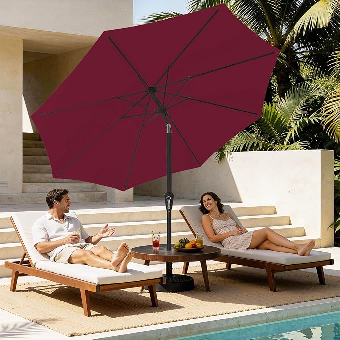 MEWAY 9ft Patio Umbrella Outdoor Table Umbrellas with Push Button Tilt and Crank, Market Umbrella 8 Sturdy Ribs for Deck, Garden, Pool and Backyard, Dark Red
