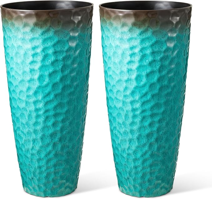 Glitzhome 31" H Oversized Tall Planter, Set of 2 Honeycomb Textured Gradient Turquoise Plastic Tall Outdoor Planters with Drainage Holes, Round Large Flower Pots for Indoor Outdoor Front Door Patio