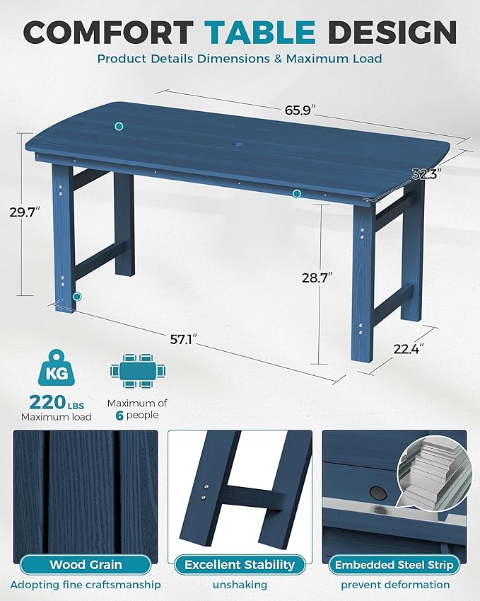 Ciokea HDPE Outdoor Dining Table with Umbrella Hole,66" Rectangle Patio Table for 6,All-Weather Outdoor Patio Furniture Set for Garden Backyard,Navy Blue