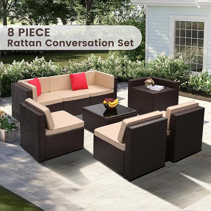 8-Piece Patio Furniture Set, Outdoor Wicker Rattan Sectional with Thick Cushions, Glass Top Table with Hidden Storage, Outdoor Conversation Set for Backyard, Porch, Patio, Beige
