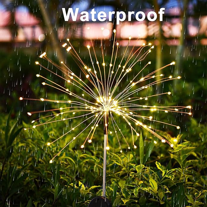 JJGoo Outdoor Solar Lights Firework, 2 Pack 120 LEDs Waterproof Solar Lights for Outside Garden Yard Pathway Fence - Warm White