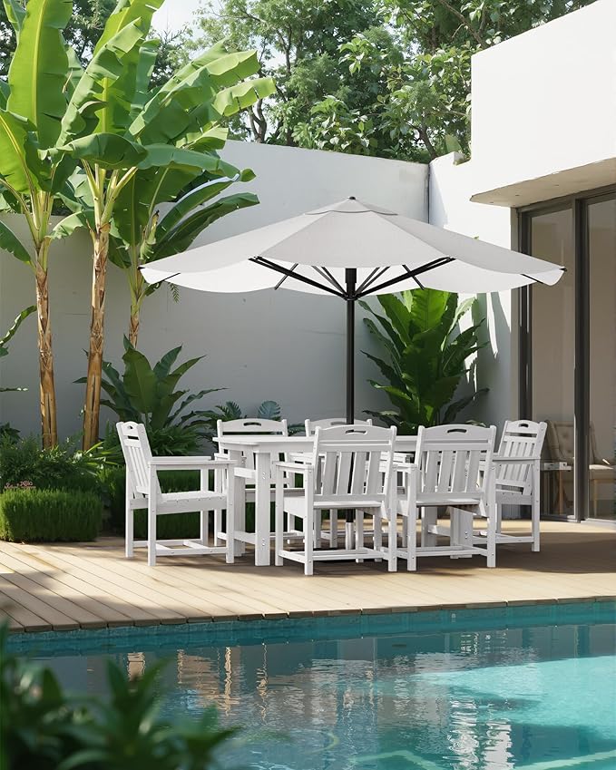 Outdoor Rectangle Dining Table, Heavy-Duty HDPE Table for 6, Weatherproof Patio Table with Umbrella Hole, Rounded Corners for Safety, White
