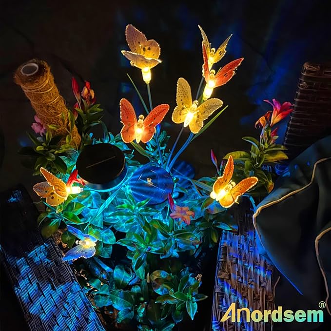Anordsem Solar Garden Lights Outdoor: 8 Removable Optical Fiber Butterflies 2 Pack - Waterproof Fun Animal Decoration for Yard Patio Path - Gardening Gifts for Garden Lovers Over 30