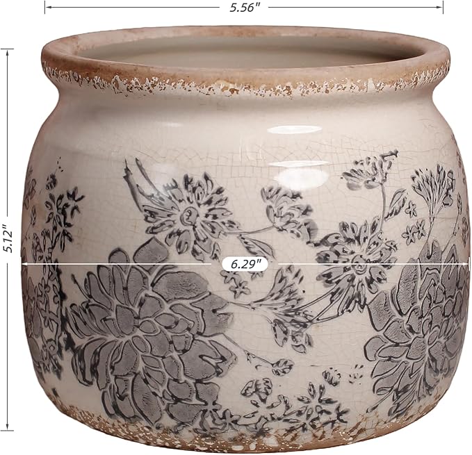 Modern Farmhouse Ceramic Planter for Home Decor, 6.29 Inch Vintage Plant Pot Indoor with Drainage Hole for Succulent Rosemary Plant, Distressed Pottery Vase for Office Balcony Decoration & Gift (Gray)