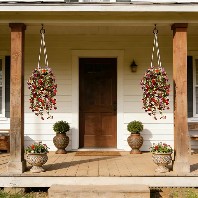 Artificial Flowers for Outdoors Fake Hanging Plants with Pot, 4pcs Silk Colorful Flowers UV Resistant Realistic Hanging Planter Faux Flower for Outside Porch Patio Home Garden Yard Decoration
