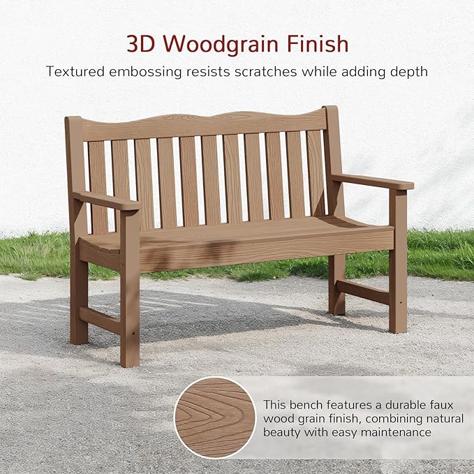 Stoog Outdoor Benches Set of 2, 2-Person Poly Lumber Garden Bench with Real Wood Look, Never Fade & Rust-Proof, All-Weather for Patio, Porch, Deck, and Backyard, Teak