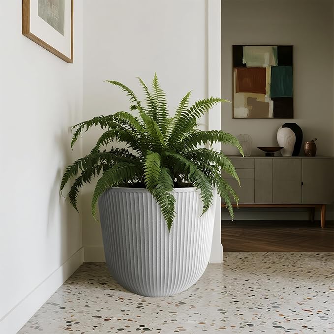 WORTH Garden Round Large Planter Pot Set of 2-17.5" Dia x 15.5" H - Durable Plastic White Plant Tree Pots with Vertical Stripe Textured Finish, Drainage Hole for Indoor, Outdoor, Front Porch, Patio