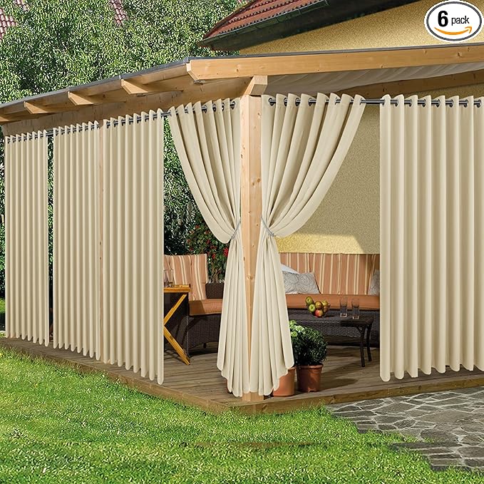 HolidayIdeas Extra Wide Outdoor Curtains for Patio Waterproof, 6 Panels - 110x108 Inches - Weatherproof Privacy Outsides Curtains for Backyard Porch Gazebo, Sunlight & UV Blocking (Cream, Grommet Top)