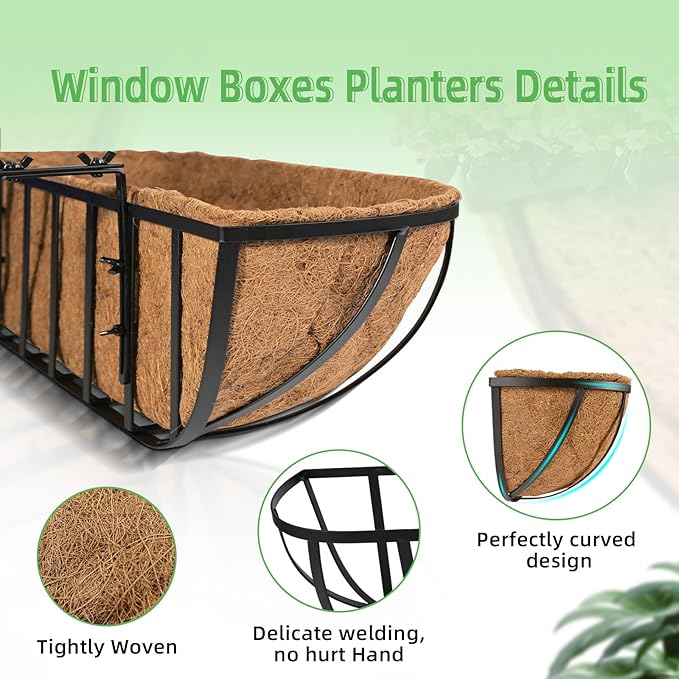 hehimhis 2 Pack 24 Inch Window Planter Box with Adjustable Bracket and Coco Liner for Porch, Balcony Planters Railing Hanging,Fence, Patio Hanging Planters for Garden Outdoor