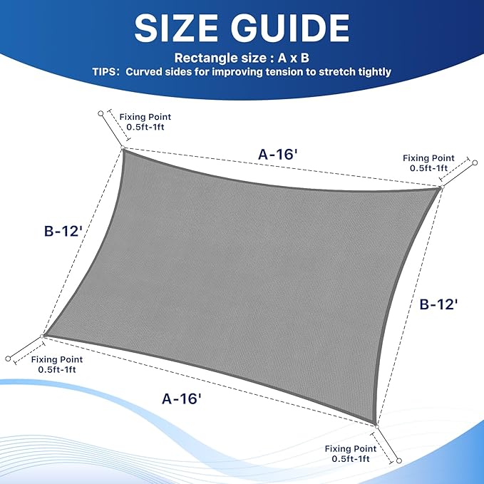 12'x16' Sun Shade Sail, UV Protection Outdoor Shade, Curved Tear Resistant Heavy Duty Sun Shade for Patio Garden, Backyard, Deck, Car Port, Playground, (Grey)