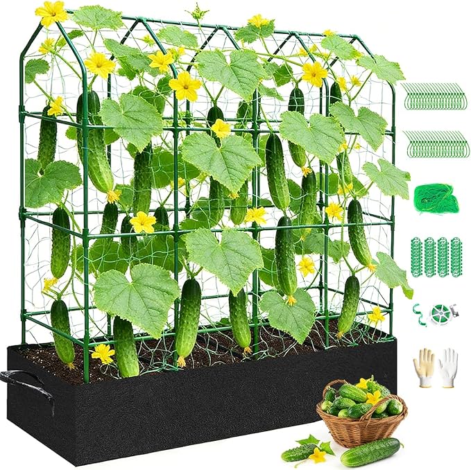 Large Cucumber Trellis for Climbing Plants Outdoor with Grow Bag,67" Tall Metal U-Frame Plant Trellis for Raised Bed with Garden Netting and Plant Clip Plant Ties for Vegetables Tomatoes Squash Pea