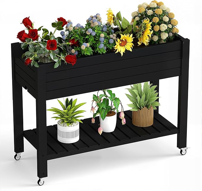 Raised Garden Bed with Legs, 33.66" Tall Self-Watering Resin Planter Box with Lockable Wheels Drainage Plug and Gauge for Vegetables, Flowers, Storage Shelf for Tools and Accessories (Black)