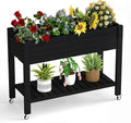 Raised Garden Bed with Legs, 33.66" Tall Self-Watering Resin Planter Box with Lockable Wheels Drainage Plug and Gauge for Vegetables, Flowers, Storage Shelf for Tools and Accessories (Black)