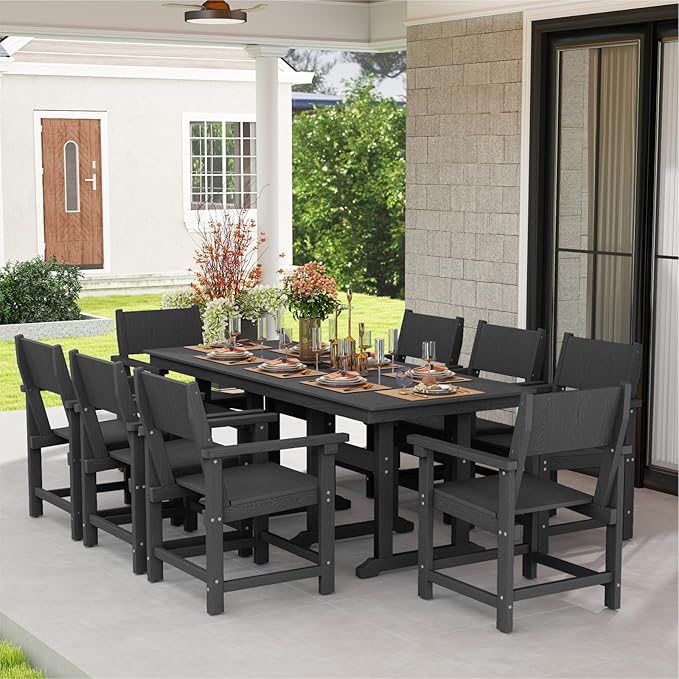 9-Piece Outdoor Dining Set, HDPE Weatherproof Patio Table and Chairs Set for 8, Outdoor Patio Furniture Sets with Umbrella Hole for Outside, Deck, Backyard, Garden (Black)