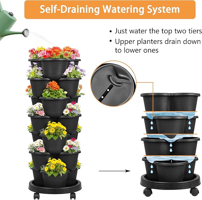 VECELO 7 Tier Vertical Garden Planter, Self Watering Stackable Planters with Wheels for Strawberries, Herbs, Flowers, Vegetables, Black