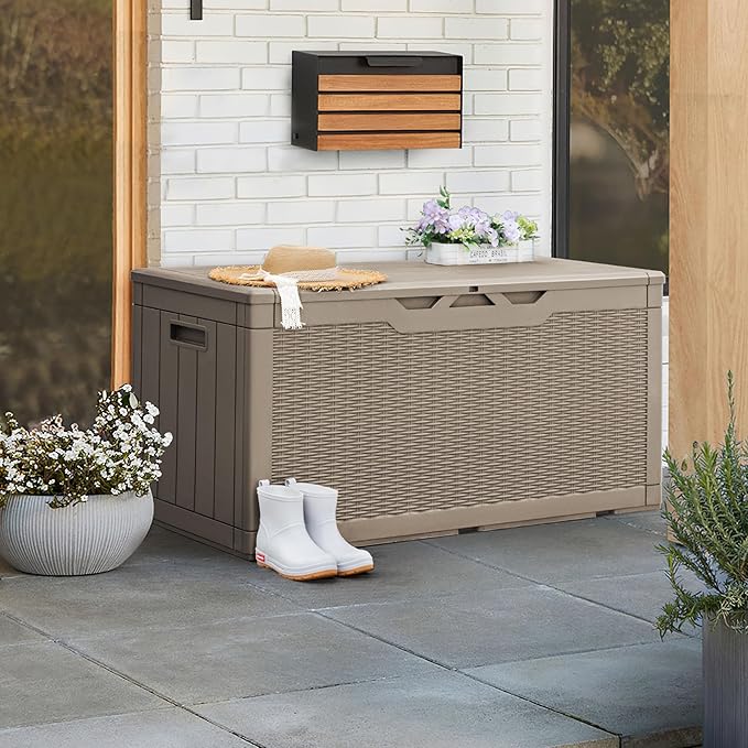 Greesum 100 Gallon Resin Patio Storage Box for Garden Tools, Outdoor Furniture Cushions, Pool Supplies, Coffee