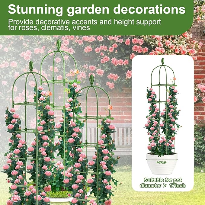 2 Pack Garden Obelisk Trellis, 70IN Tall Plant Support for Climbing Vine, Metal Covered Plastic Rustproof Heavy Duty Rose Trellis Indoor Outdoor (Green, 70 * 11.8 * 11.8IN（H*W*L）)