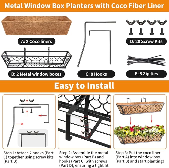 Riare 2 Pack 24 Inch Window Boxes Planters with Coco Liner, Metal Deck Railing Planter Boxes, Balcony Planters Railing Hanging, Horse Trough Window Flower Planter Boxes for Outdoor Porch Fence Patio