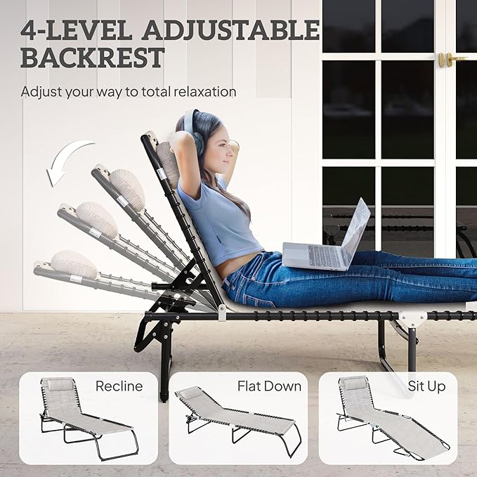 Outsunny Folding Chaise Lounge Chair, Patio Sun Tanning Chair, Outdoor Chaise Lounger with 4-Position Reclining Back, Breathable Mesh Seat for Beach, Poolside, Yard, Cream White