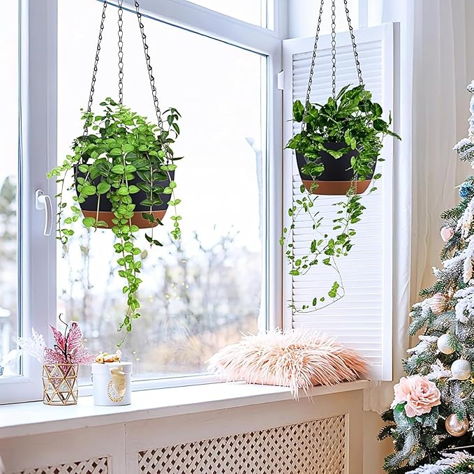Hanging Planters for Indoor Plants, Set of 2 8/10 Inch Self-Watering Hanging Pots with Drainage Hole & Removable Water-Storage Tray II Screw-in Hooks